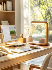 Sticker - Minimalist Home Office Desk with Wooden Lamp and Natural Light.