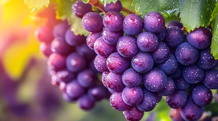 Wall Mural - Purple grape clusters glisten with dew, hanging from green vine leaves in bright natural light, capturing the essence of wine vineyard harvest season.