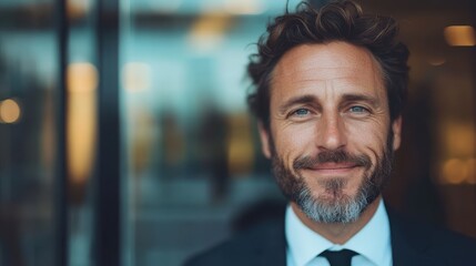 A confident man in a suit smiles warmly in an outdoor setting, portraying assurance, charisma, and professionalism, accentuated by a blurred background ambiance.