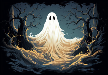 Halloween background with cute ghost illustration. Time of joy and fear