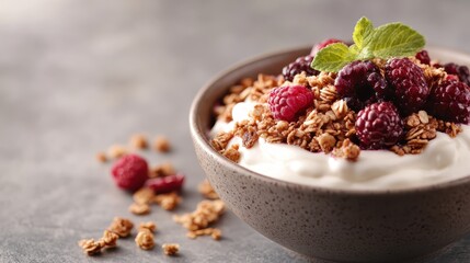 A nutritious bowl of yogurt topped with a mix of raspberries, blackberries, and granola, garnished with a mint leaf, offering a healthy and balanced breakfast option.