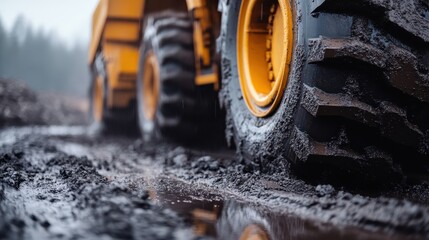 A large yellow construction vehicle tire traversing a muddy terrain, showcasing the power and utility of heavy machinery in challenging environmental conditions.