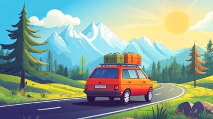 Poster - A red car drives along a winding mountain road.