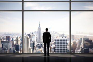 A top executive looking out of a window at a cityscape