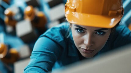 A focused woman wearing an orange hard hat and blue shirt reaches for a box in a warehouse, showcasing determination, professionalism, and industrial work setting.