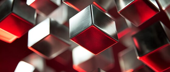 Poster - A close up of a bunch of silver cubes with red accents