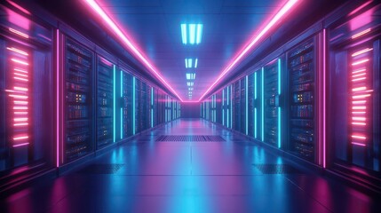 Wall Mural - futuristic data center server room with glowing neon lights and hightech equipment racks cyberpunk inspired 3d render