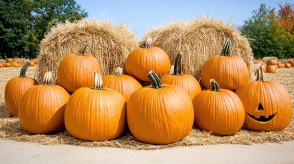 a lively pumpkin patch filled with pumpkins, cornfields, and mountains in the background