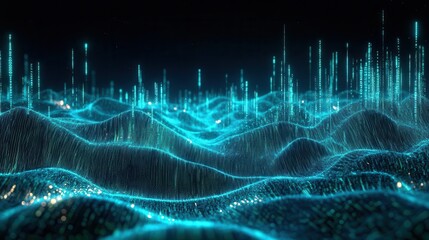 futuristic digital landscape with glowing blue and green network lines forming 3d topography binary code streams flowing