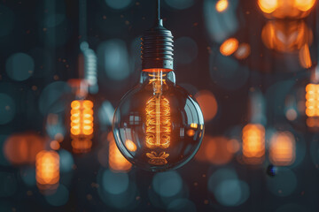 Bulbs hanging from the ceiling glow with a yellow light. Contrasting with the dark gray background.