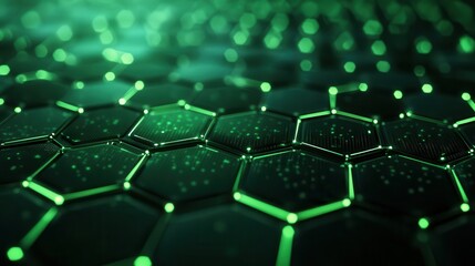 Wall Mural - futuristic honeycomb glowing green hexagonal grid on dark background abstract tech pattern with neon illumination sleek and modern design evoking advanced technology and data structures