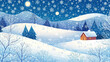 © M - Cozy winter landscape with a wooden cabin surrounded by snow-covered hills, evergreen trees, and gently falling snowflakes at night