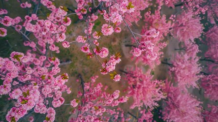 A breathtaking aerial view of trees adorned with layers of blooming peach blossoms, each flower bursting into vibrant color. This high-definition image captures the beauty of the blossoms 