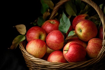 Wall Mural - apples in basket on black backdrop , ai