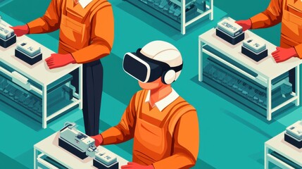 3D illustration of factory workers using virtual reality headsets to assemble products