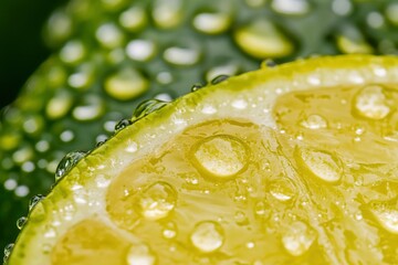 Wall Mural - Water drops on ripe sweet lemon. Fresh lime background with copy space for your text. Vegan and vegetarian concept , ai