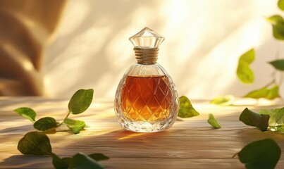 Elegant Crystal Bottle with Amber Liquid on Wooden Surface