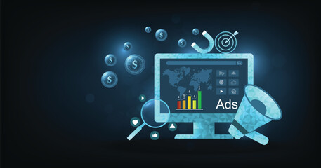 Poster - Advertising and Online marketing concept. Audience target marketing, Marketing technology digital marketing strategy analysis to promotion products or services through digital channels.	
