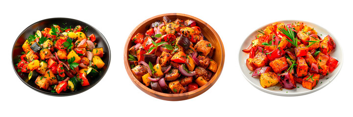 Fresh catalan roasted vegetable salad in a plate isolated on a white or transparent background. Close-up of salad with potato, paprika and basil in wooden, black and white plate, side view