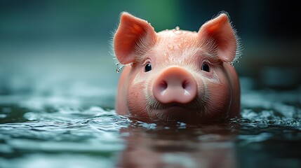 Wall Mural - A wet pink piglet with large ears looks at the camera from a muddy puddle.