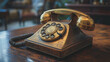 © Iryna Huseva - A close-up of a vintage rotary dial telephone with a brass finish, resting on a wooden table, capturing the elegance and craftsmanship of early 20th-century communication devices.