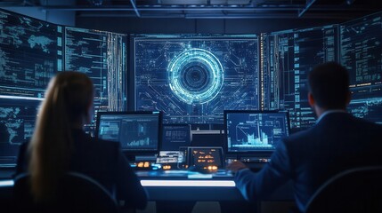 Wall Mural - futuristic cybersecurity command center holographic displays data streams aipowered defense systems glowing circuit patterns intense focus of diverse team of experts