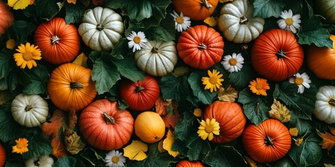 Sticker - Colorful assortment of pumpkins and flowers against green leaves. This vibrant image is perfect for autumn themes or harvest celebrations. Ideal for decor or seasonal marketing. AI