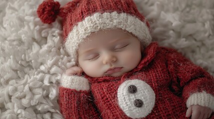 newborn baby sleeping in red snowman suit the hat is made of red fleece with pompom and the pants have red fleece 