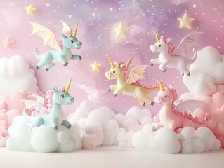 Canvas Print - Cute Unicorns in the Clouds