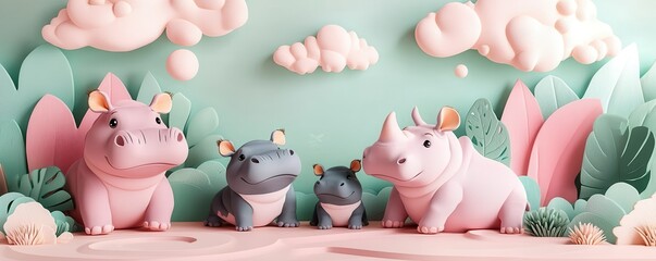 Sticker - Cute Cartoon Animals with Pink Clouds and Green Leaves.