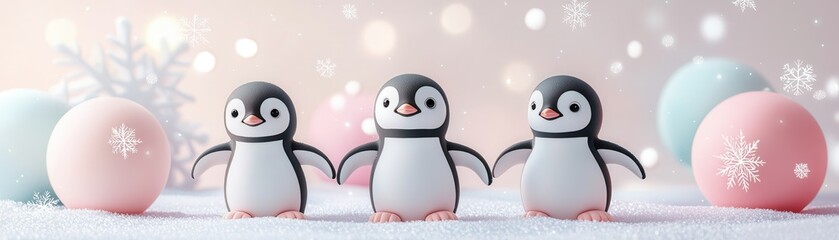 Poster - Three Cute Penguins in Winter Wonderland.