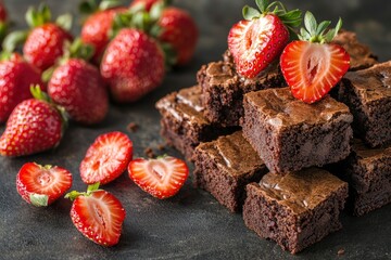 Wall Mural - Brownies with strawberries background, ai