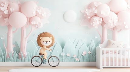 Sticker - Cute Lion Riding a Bicycle in a Papercraft Forest Nursery Room.