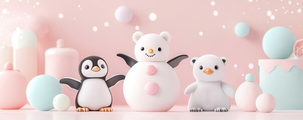 Poster - Cute Winter Animals - Penguin, Polar Bear, and Snowman.