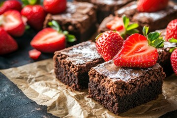 Wall Mural - Brownies with strawberries background, ai