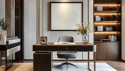 Elegant home office design featuring a stylish chair, modern desk, and luxurious decor in a contemporary apartment space