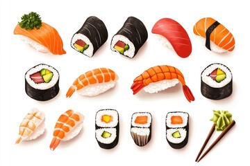 Sticker - Sushi Set, Japanes Food isolated white background , ai