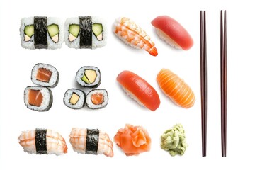 Poster - Sushi Set, Japanes Food isolated white background , ai