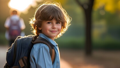 Joyful boy with backpack ready for school, embodying the spirit of education and childhood adventure on a morning commute to campus