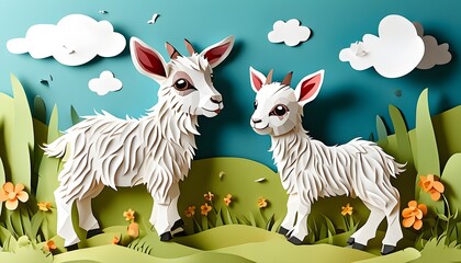 Poster - Charming Paper Cut Illustration of a Goat in a Pastoral Highland, Perfect for Nursery Decor and Baby Animal Themes