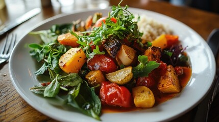 A beautifully plated vegan vegetable dish, featuring roasted vegetables, leafy greens, and a vibrant sauce, perfect for a gourmet meal