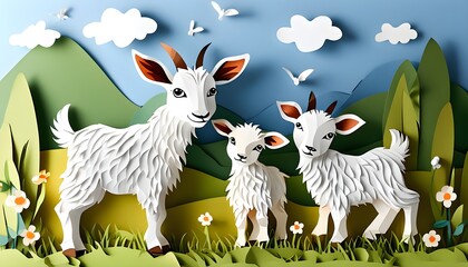 Poster - Charming Paper Cut Illustration of a Goat in a Pastoral Highland, Perfect for Nursery Decor and Baby Animal Themes