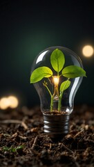 Glowing lightbulb sprouting leaves, symbolizing green innovation.