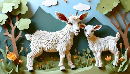 Poster - Charming Paper Cut Illustration of a Goat in a Pastoral Highland, Perfect for Nursery Decor and Baby Animal Themes