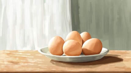 Wall Mural - Five eggs in a white bowl on a wooden table.