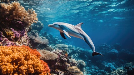 A breathtaking underwater shot of a dolphin swimming gracefully among coral reefs, highlighting the vibrant colors of marine life in its natural habitat