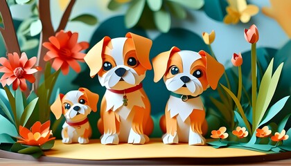 Charming Illustration of a Puppy Dog in a Home Garden, Delightful Paper Cut Style for Nursery Décor