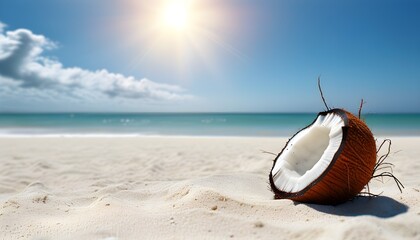 Serene summer paradise with brown half-cut coconut on white sandy beach under the sun