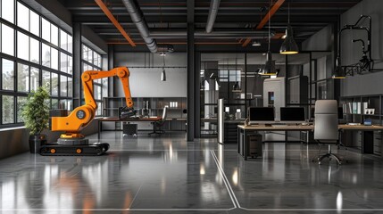 A sleek and modern office with a robotics lab and advanced automation