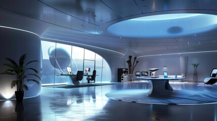 Wall Mural - A sleek and modern office with a space technology lab and extraterrestrial exploration